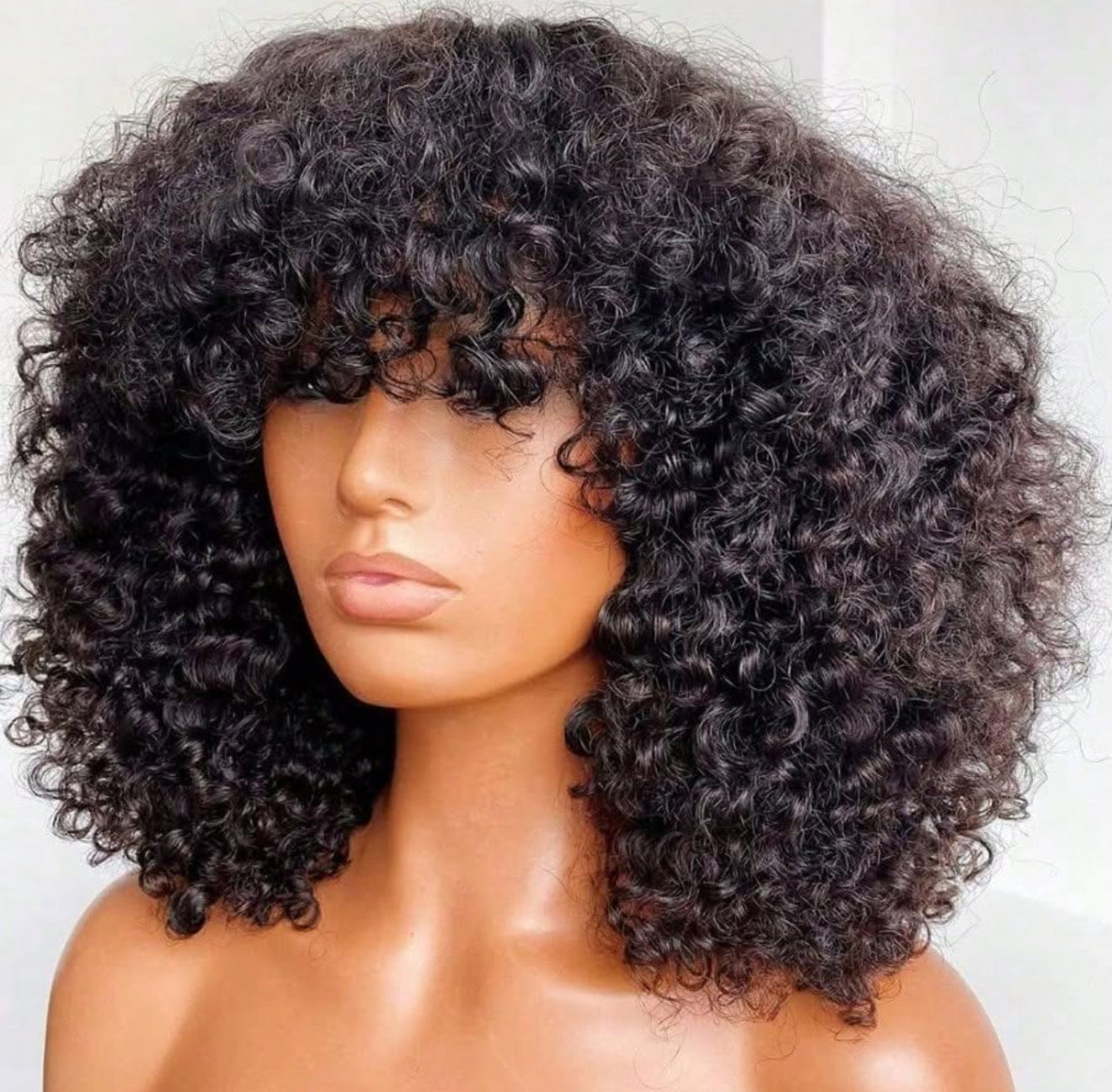 Pixel Bouncy Curly Wig with Bangs – Natural Black Fluffy Hair