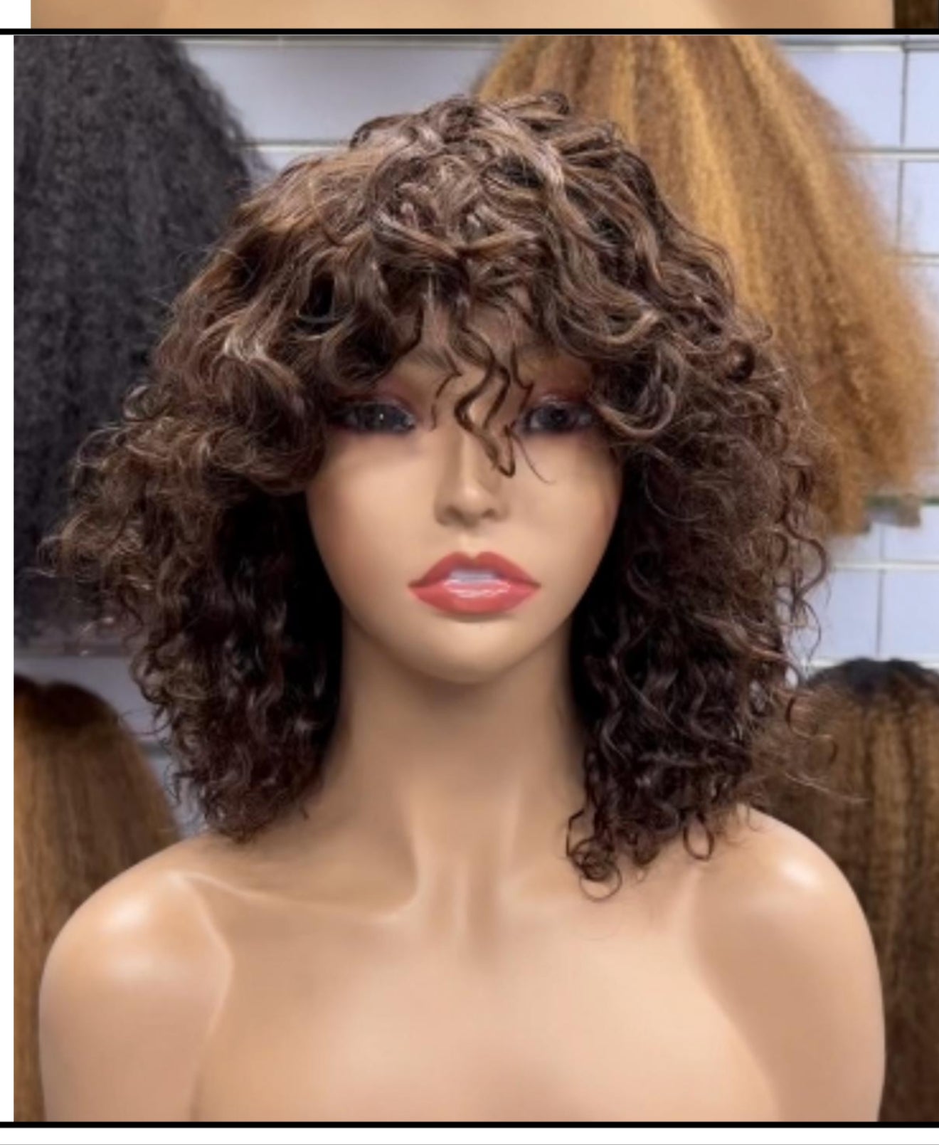 Pixel Bouncy Curly Wig with Bangs – Natural Black Fluffy Hair