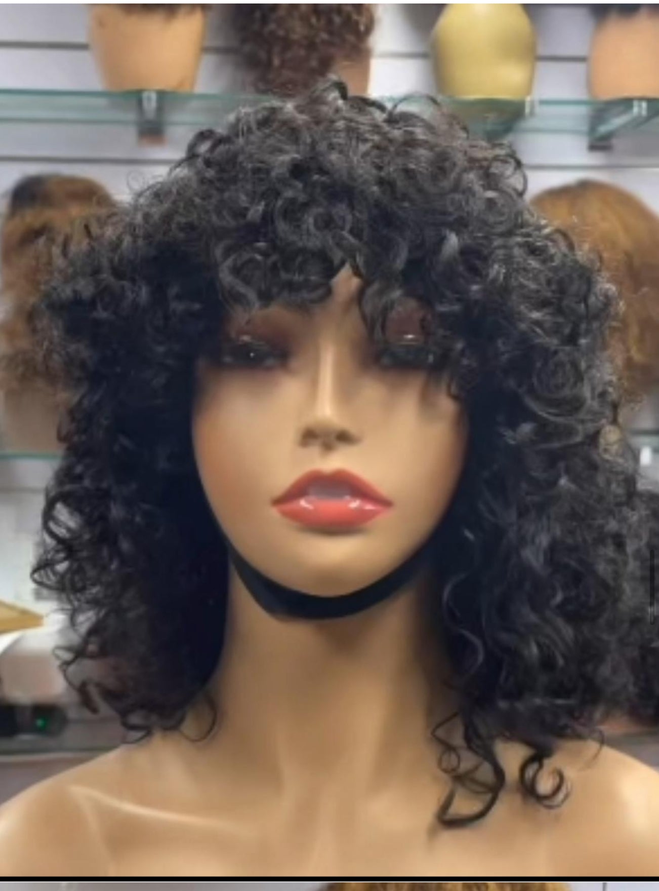 Pixel Bouncy Curly Wig with Bangs – Natural Black Fluffy Hair