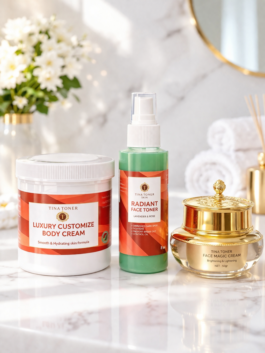 Tina Toner 4-in-1 Skin Brightening & Acne Clear Bundle – Face Magic Cream, Pink Soap, Body Cream & Face Toner