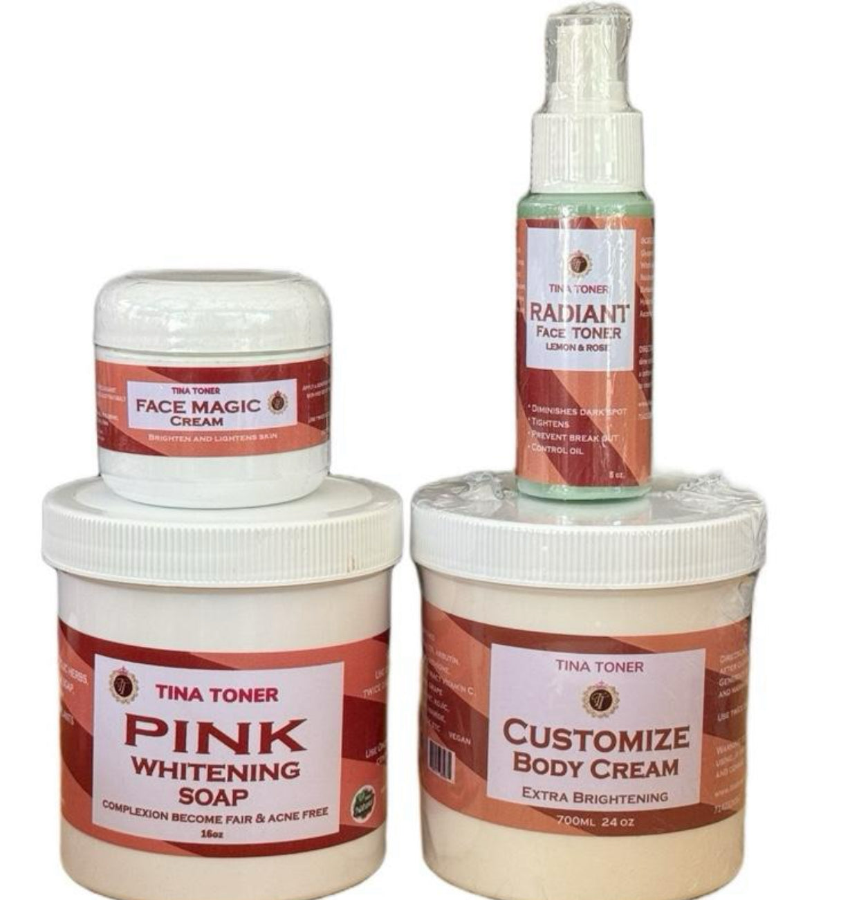 Tina Toner 4-in-1 Skin Brightening & Acne Clear Bundle – Face Magic Cream, Pink Soap, Body Cream & Face Toner