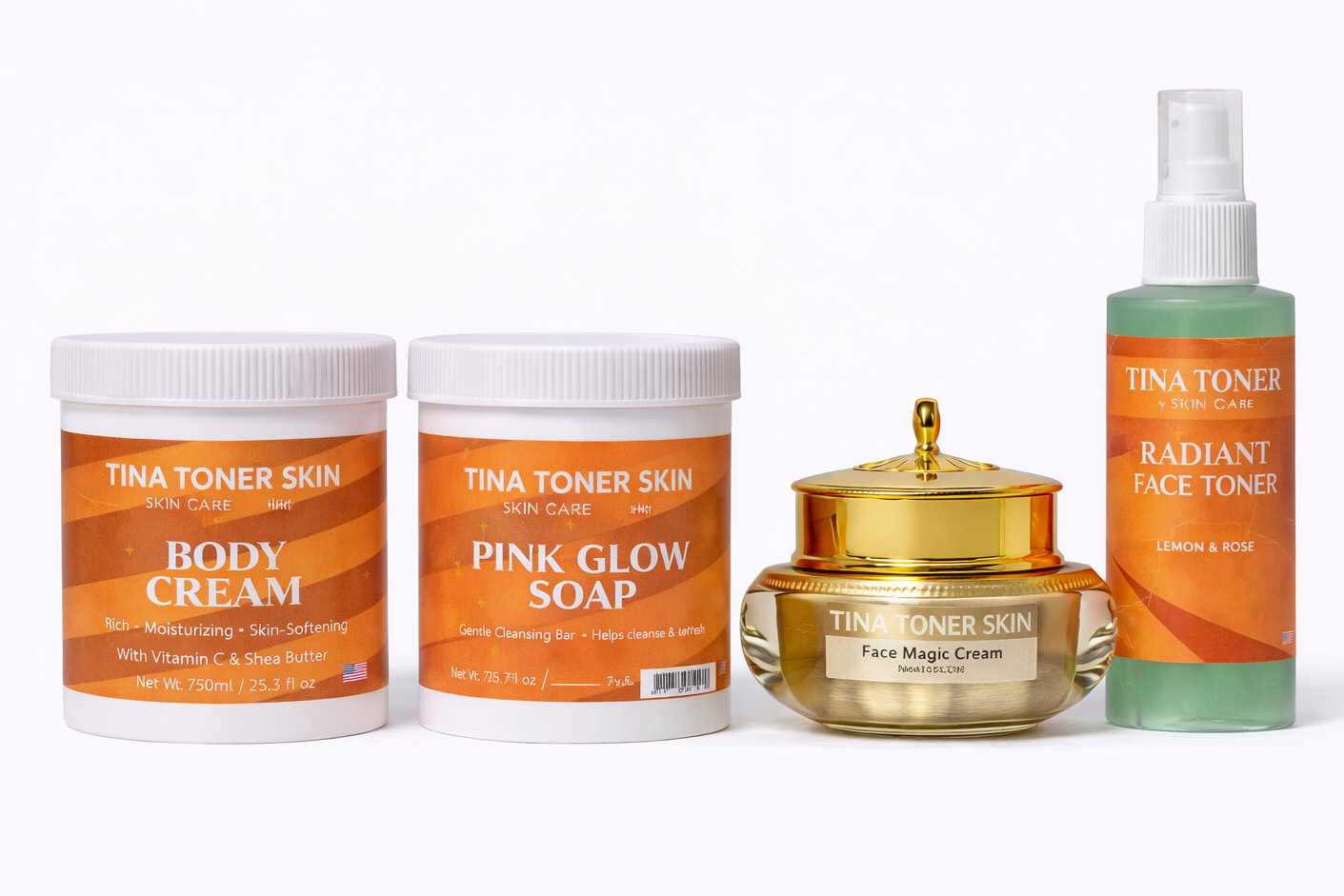 Tina Toner 4-in-1 Skin Brightening & Acne Clear Bundle – Face Magic Cream, Pink Soap, Body Cream & Face Toner