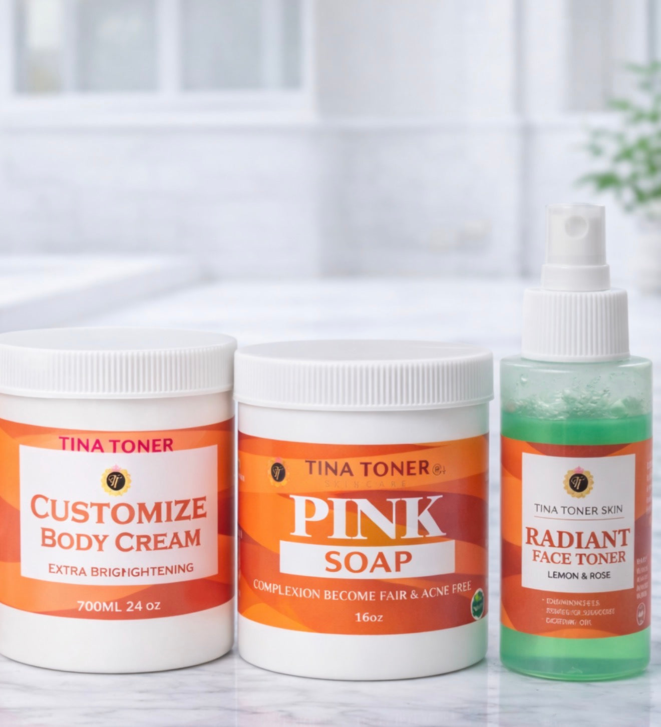 Tina Toner 4-in-1 Skin Brightening & Acne Clear Bundle – Face Magic Cream, Pink Soap, Body Cream & Face Toner