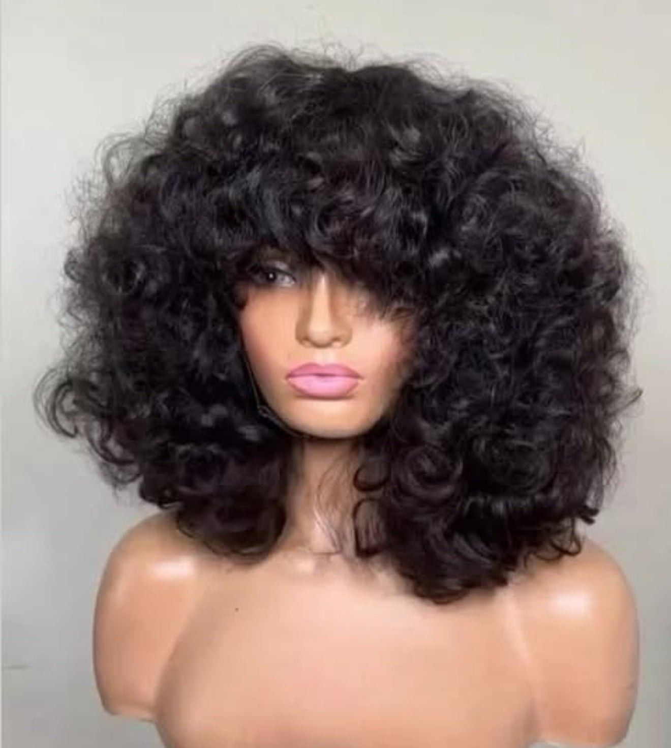 Pixel Bouncy Curly Wig with Bangs – Natural Black Fluffy Hair