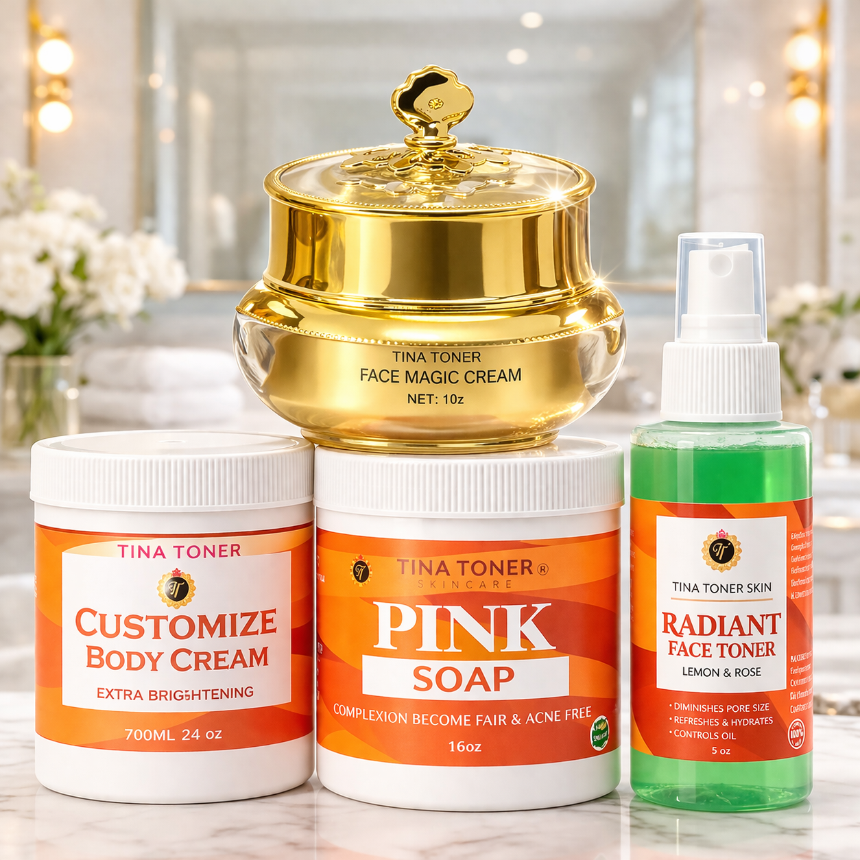 Tina Toner 4-in-1 Skin Brightening & Acne Clear Bundle – Face Magic Cream, Pink Soap, Body Cream & Face Toner