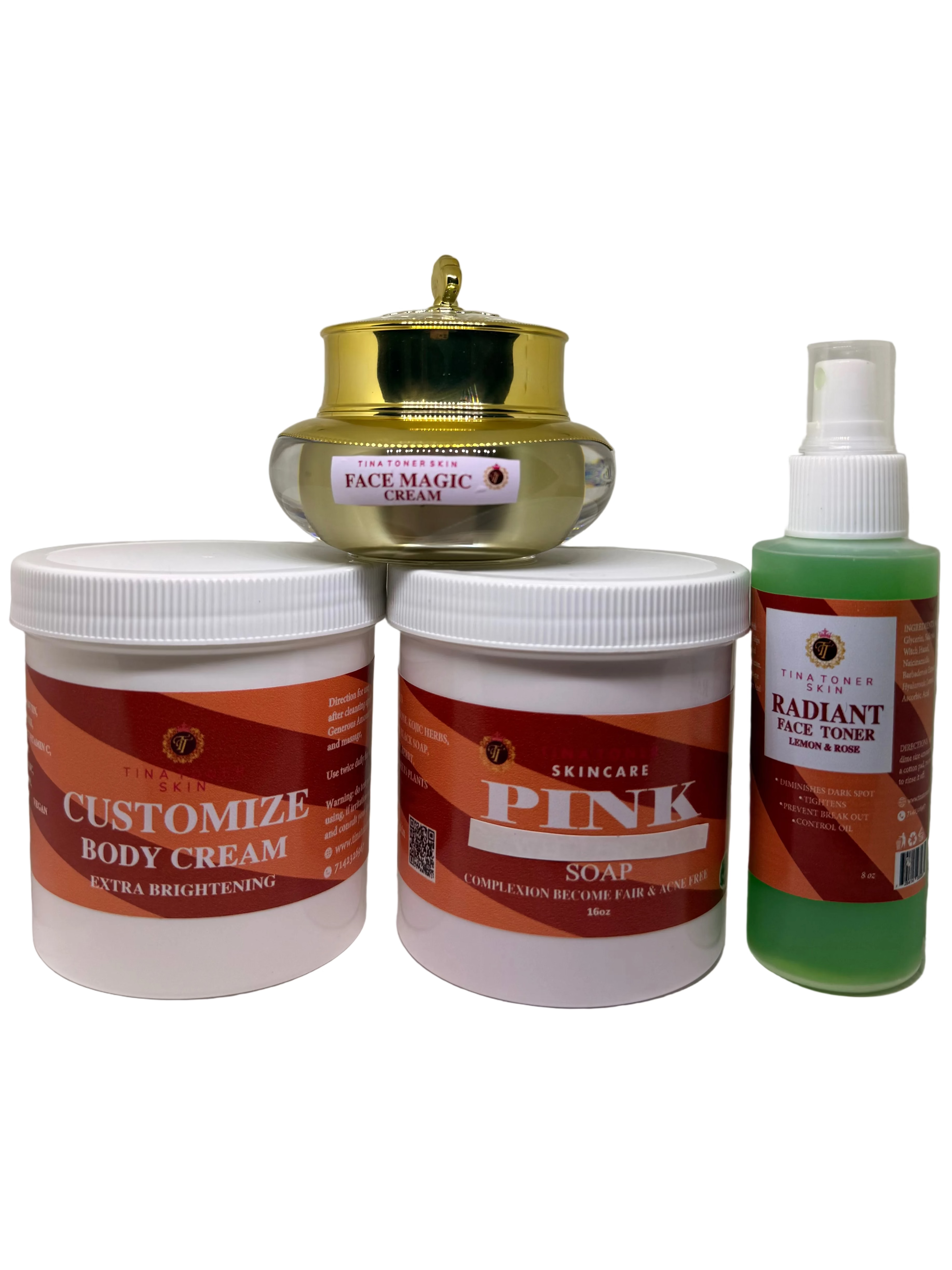 Tina Toner 4-in-1 Skin Brightening & Acne Clear Bundle – Face Magic Cream, Pink Soap, Body Cream & Face Toner